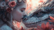 © Arty&Happy - warrior princess gently connects with fierce dragon, creating touching moment of harmony and affection in floral embrace