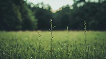 Wall Mural - Tall grass in a green field, forest background, nature scene, idyllic