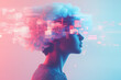 © Heart in pictures - Futuristic portrait of a person with floating digital elements and a cloud-like head display in neon colors