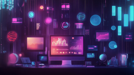 Wall Mural - online business ideas, inspiration and research flat concept with computer surrounded by icons depic