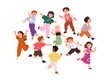 © Good Studio - Happy kids group. Cute funny active kindergarten children playing, running, laughing and dancing. Energetic playful boys and girls having fun. Flat vector illustration isolated on white background