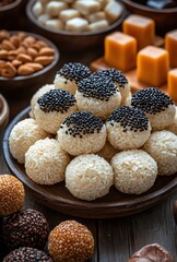 Poster - Delicious assortment of traditional sweet treats featuring sticky rice balls with black sesame seeds on wooden table, ideal for dessert lovers and food enthusiasts