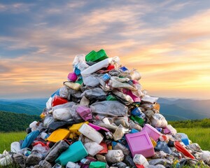 Colorful Plastic Waste Pile at Sunset on Hilltop