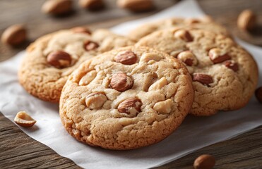 Wall Mural - Delicious Homemade Cookies with Almonds and Peanuts on a Rustic Wooden Table Surrounded by Nuts and Bakery Paper