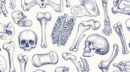 Canvas Print - Human skeleton bone seamless pattern background. Medical pattern with bone and joint of hand, knee, hip, foot, spine, elbow, pelvis, shoulder, wrist, arm, finger sketches for anatomy, medicine design