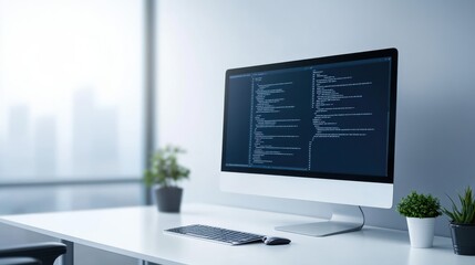 Wall Mural - modern workspace with computer displaying code in bright office environment