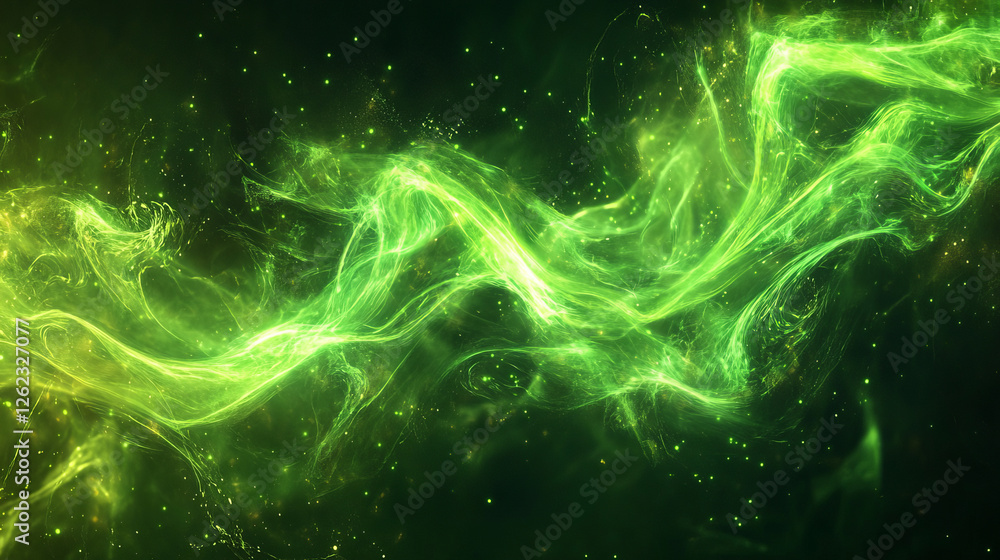 Green laser beam lights, background with neon glow lines on black ...