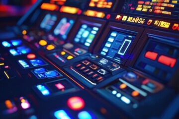 An eye-level close-up view of an illuminated control panel of a complex machine, featuring an array of colorful buttons and display screens, presenting a futuristic interface.