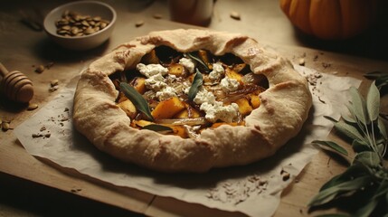 Wall Mural - Rustic Autumn Pumpkin Galette with Sage and Honey - Perfect for Thanksgiving Celebrations