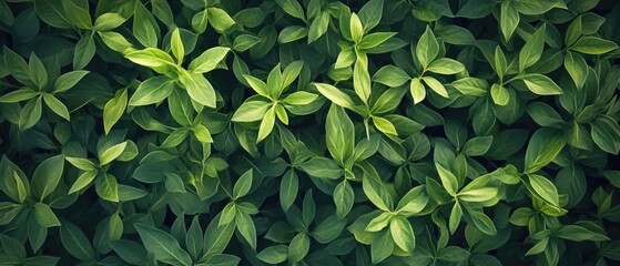 Wall Mural - Lush green foliage overhead shot, garden background, nature texture