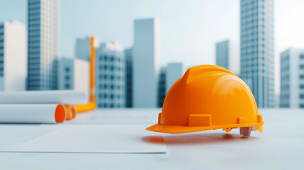 A bright orange hard hat rests on a blueprint in a construction setting, with modern buildings visible in the background.