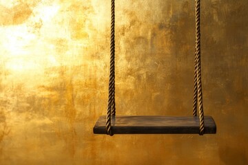 Poster - Empty wooden swing hangs against a shimmering golden backdrop