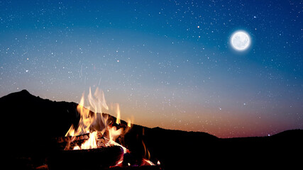 Wall Mural - a bonfire burns at night against the background of mountains and sea with bright stars...