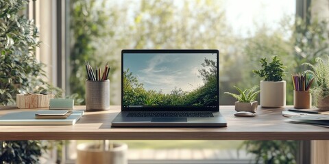 Wall Mural - Laptop displays nature scene on desk near window