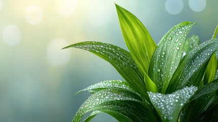 Wall Mural - Close up of green plant leaves with water droplets in a serene environment showcasing nature's beauty