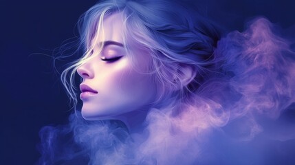 Wall Mural - Young caucasian female with flowing purple hair and smoke in artistic portrait