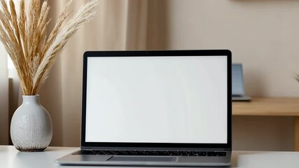 A laptop is open on a desk with a vase of flowers in the foreground