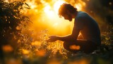 A gardener kneeling in a lush garden at sunrise, gently touching dew-covered leaves, golden morning light streaming through misty air, creating a serene and magical atmosphere. --ar 16:9