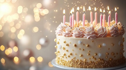 Wall Mural - Birthday cake with candles illuminated in a festive setting during a celebration