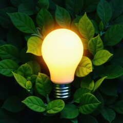 Wall Mural - Bright bulb glows amidst vibrant green leaves, nature, inspiration, idea