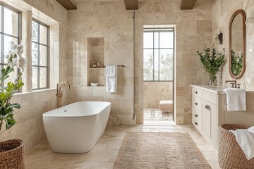 Wall Mural - Elegant bathroom interior with natural stone finishes and modern fixtures in a serene setting