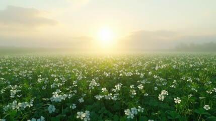 Wall Mural - Bright sun illuminates green clover field against blue sky with clouds in rural landscape