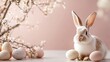 © Y_Malashkevych - A cute bunny sits among colorful Easter eggs and vibrant spring flowers embodying the joy of the Easter celebration