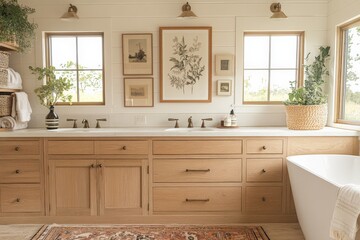 Aufkleber - Elegant bathroom design featuring natural elements and ample light in a serene setting
