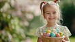 © Y_Malashkevych - Joyful child holds a woven basket overflowing with vibrant Easter eggs while smiling in a sunny outdoor environment filled with blooming flowers capturing the essence of springtime celebrations