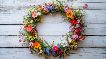 Wall Mural - Colorful floral wreath resting against a rustic wooden background for seasonal decoration