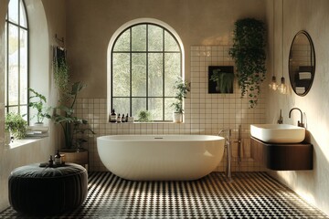 Wall Mural - Elegant modern bathroom featuring a freestanding tub and stylish decor in a serene space with natural light