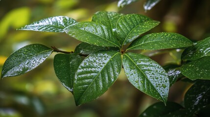 Wall Mural - Dewdrops glisten on lush green leaves in a vibrant forest during early morning light