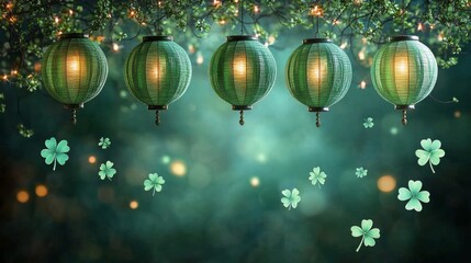 Wall Mural - Lanterns glowing among green leaves in a serene outdoor setting at dusk