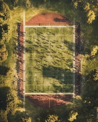 football field bordered by a track and seating areas, with players engaged in an intense scrimmage