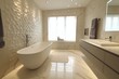 © ChaoticMind - Elegant modern bathroom design featuring a freestanding tub, textured wall, and large windows for natural light