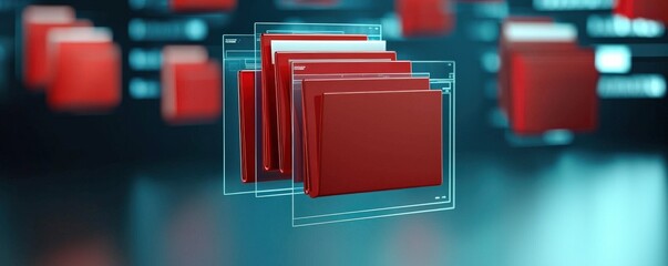 Wall Mural - information source management concept. 3d illustration of red folders in a digital environment.