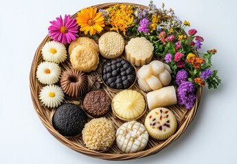 Poster - An Assortment of Colorful Traditional Pastries and Flowers Arranged Beautifully on a Plate for an Elegant Presentation