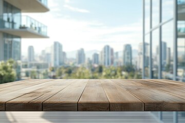 Wall Mural - Wooden table, city view, skyscraper backdrop, product display