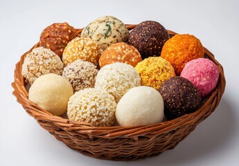 Poster - Assorted Indian Sweets in a Traditional Woven Basket, Featuring Round Shapes and Diverse Textures and Colors, Perfect for Festivals and Celebrations