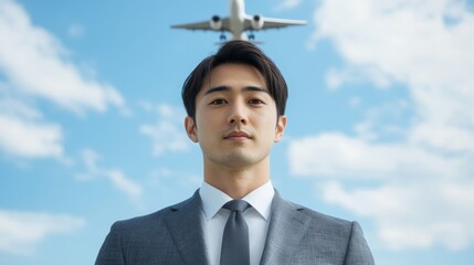 Wall Mural - A dramatic low angle portrait of a businessman in a stylish gray suit, confident under a vivid blue sky with white striped clouds. Above him, a plane flies directly overhead, symbolizing travel, ambit