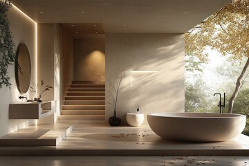 Aufkleber - Modern bathroom design featuring a freestanding tub and elegant staircase in a serene, nature-inspired setting