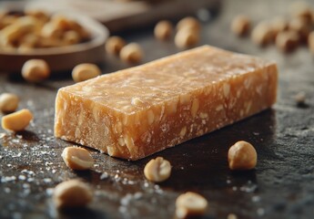 Poster - Close-up of a delicious piece of traditional nut-based dessert on a textured wooden surface with scattered nuts in a rustic kitchen setting