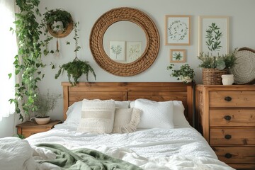Poster - Cozy bedroom with natural decor, warm lighting, and botanical wall art in a serene indoor environment