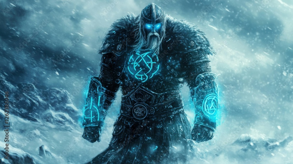 Ancient Norse god with glowing blue runes etched into his armor ...