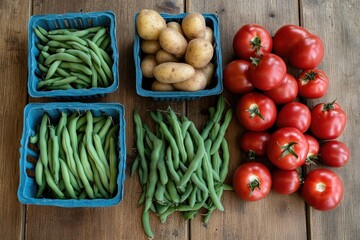 Wall Mural - Farm fresh vegetables harvest wooden table background