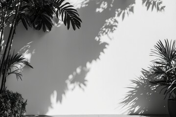 Wall Mural - Plant casting shadow on a bright wall, providing natural background or mockup