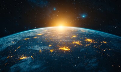 Wall Mural - Dramatic Space Scene with Glowing Planet and Distant Moon Amidst Colorful Nebula, Nighttime Earth Captured from Space, Generative AI