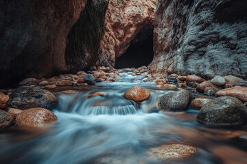 Wall Mural - A tranquil mountain stream flows between rugged canyon walls, with smooth rocks scattered along the water's path, creating a peaceful, natural scene.