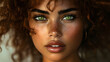 © GoldPumaze - A portrait of a person with tan skin, green eyes, and curly hair, showcasing the diversity and beauty of Latinx heritage.