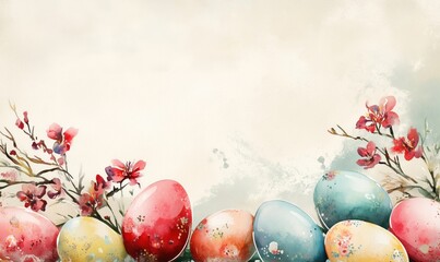 Wall Mural - Colorful Easter eggs with floral decorations on soft background